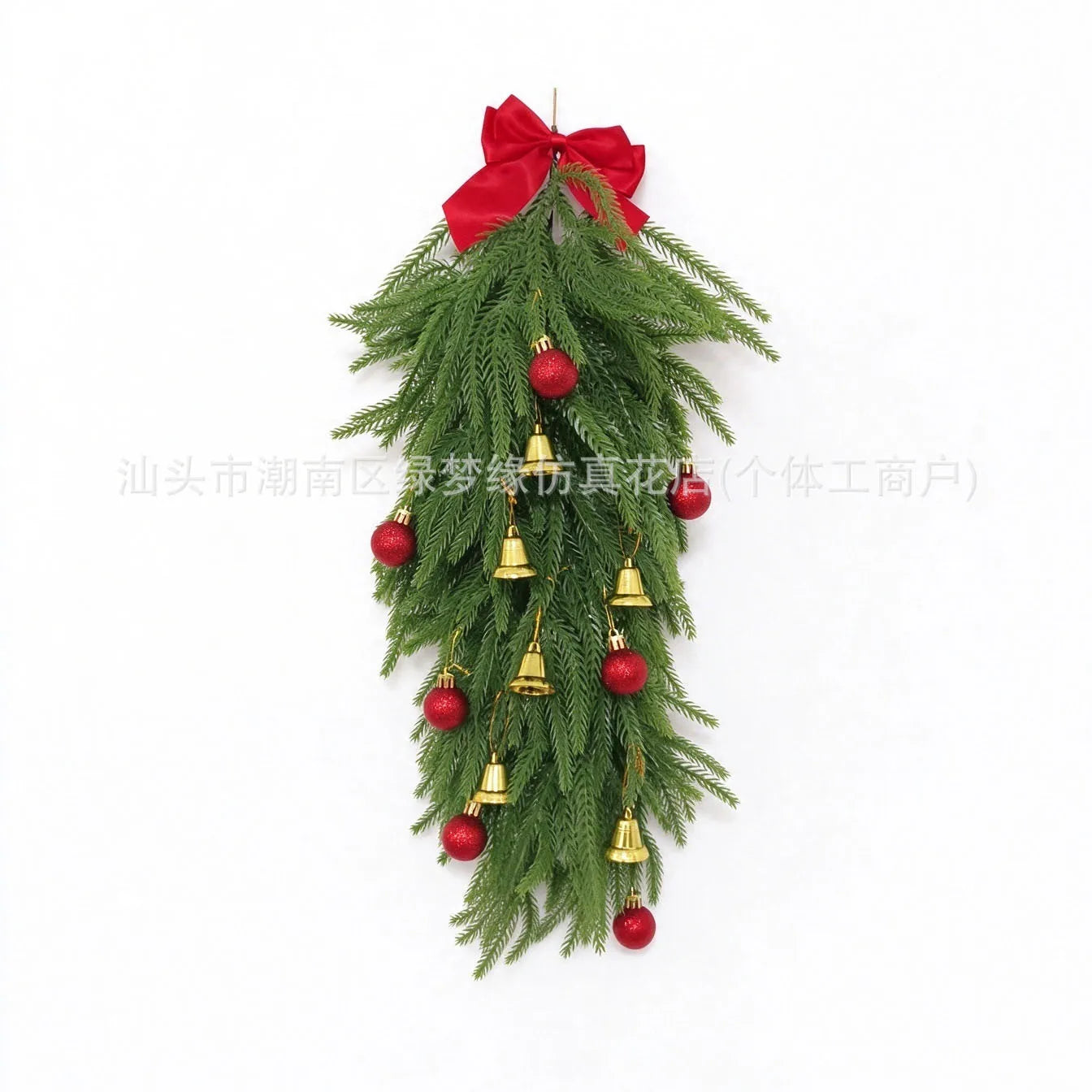 Festive With Bow and Baubles Christmas Teardrop Wreath Gold Bell DIY Artificial Pine Wreath Xmas Door Ornament Christmas