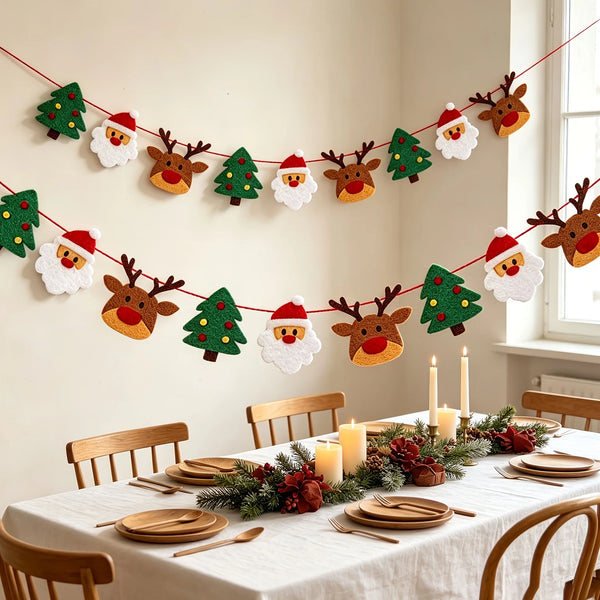 Christmas Felt Banner Bunting With Reindeer, Santa Claus And Xmas Tree Decorations Hanging Garlands For Holiday Winter Parties