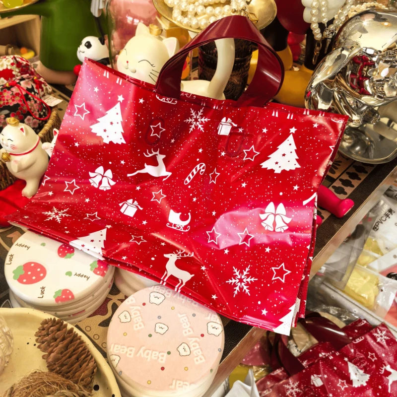 10 Pcs Christmas Gift Bags Mixed Plastic Tote Bags Reusable Candy Packaging Bags For Xmas Party Holiday Decor Friend Gifts