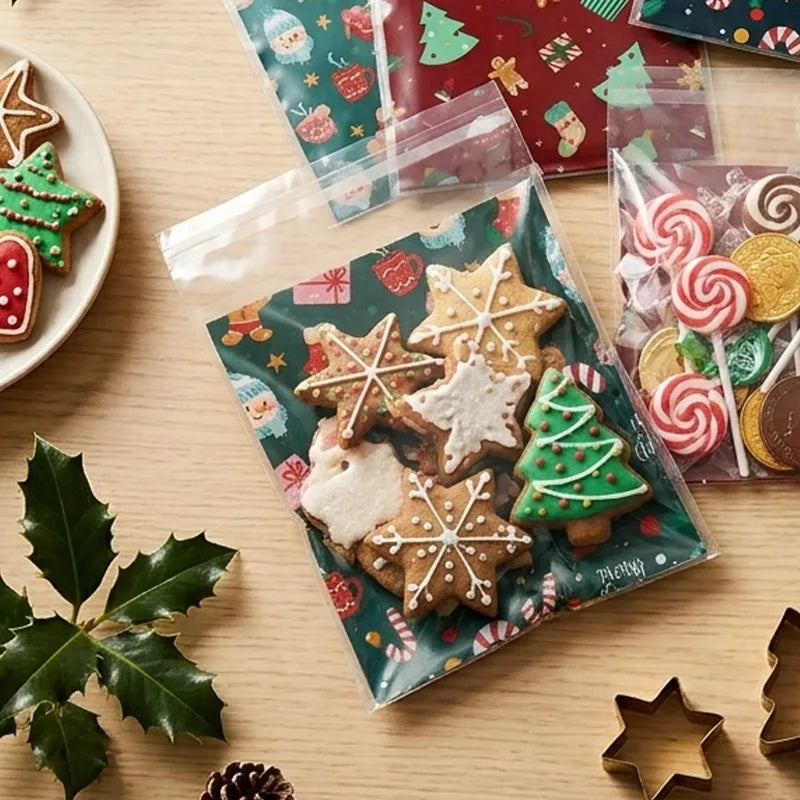 300/100PCS Christmas Cookies Bags Clear Opp Gift Packaging Bag Candy Snack Gift Bags Santa Flower Wreath Printed Pattern Decor