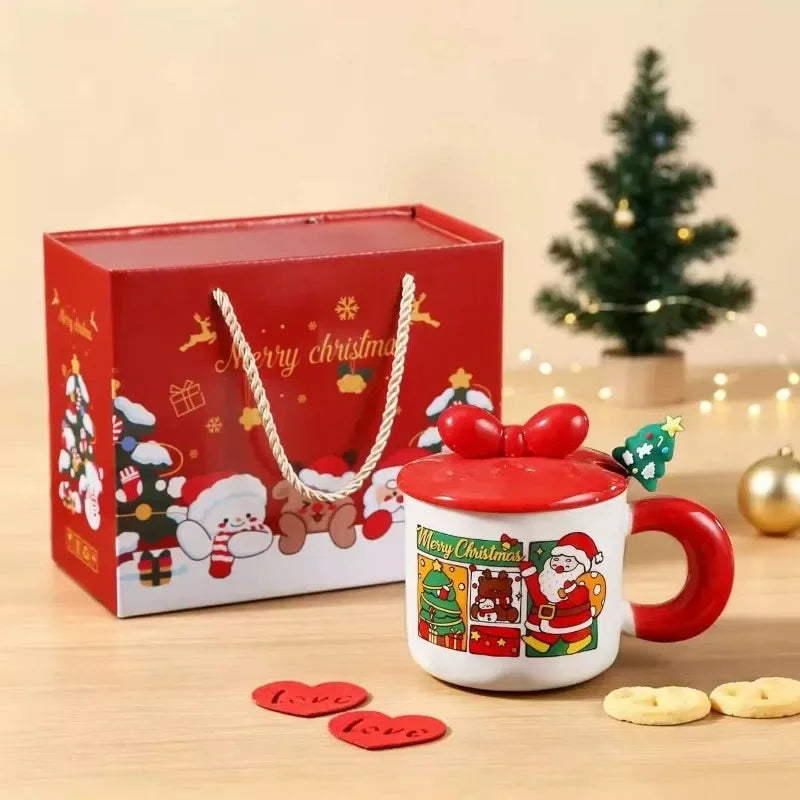 Festive Christmas Themed Ceramic Coffee Mug with Lid Spoon Holiday Gift Box Cartoon Design New Year Souvenir