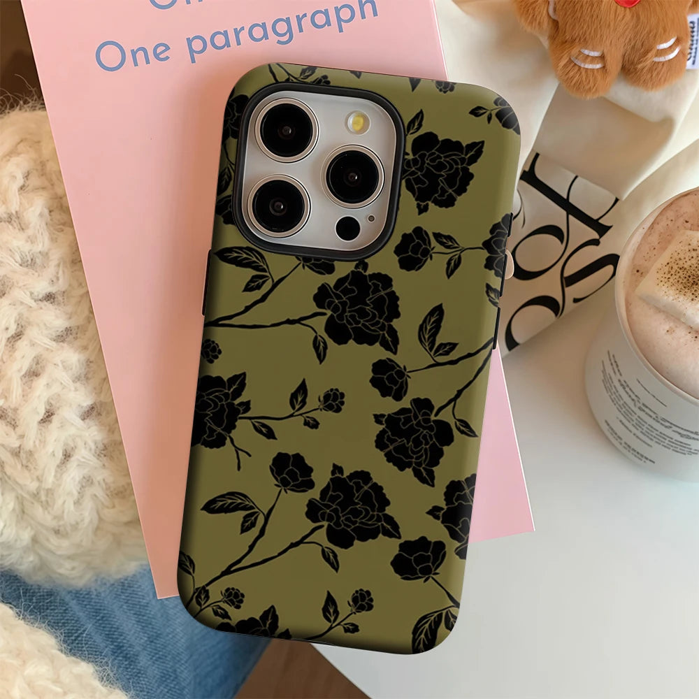 Black Floral on Olive IPhone17 Must-Haves Phone Case for IPhone 17 16 15 14 13 12 11 Pro Max Plus Double-layer Back Cover