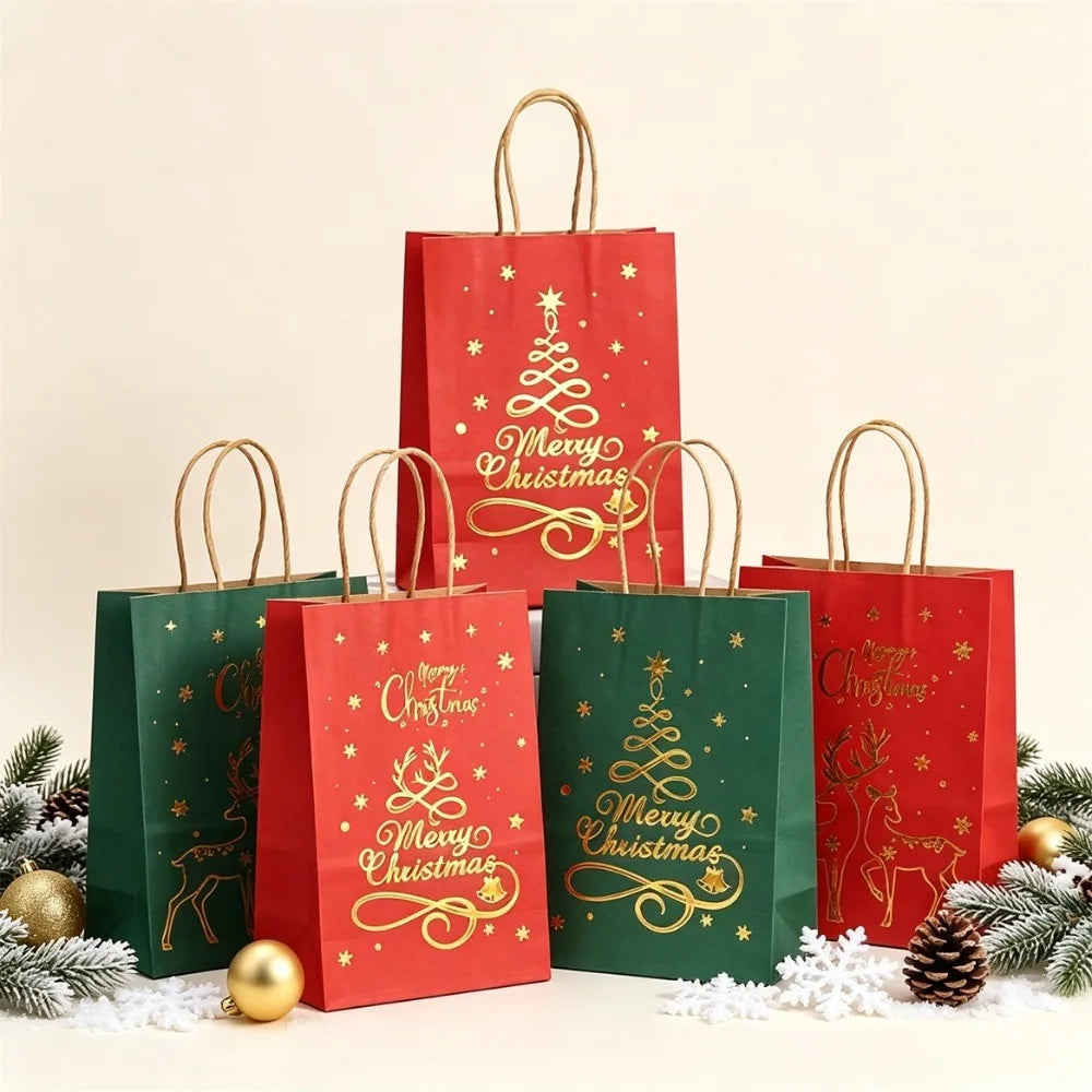 3/12 Pcs Christmas Gift Bag Set, Gold Tree Print Red Green Metallic Edge, Handled Holiday Gift Pouches