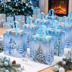 12 Pcs Blue Christmas Non Woven Tote Bags, Snowman, Snow Maiden, Christmas Tree Handbags, Reusable Xmas Gift Packaging Bags