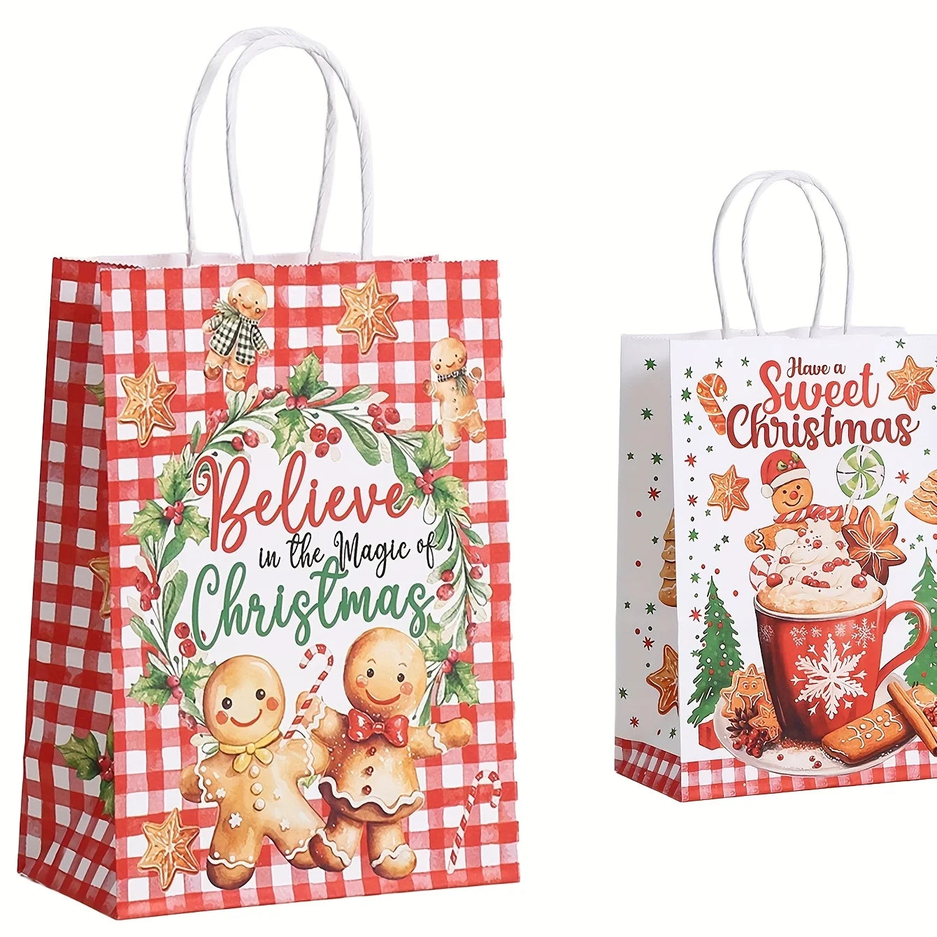 12/24/36pcs Loose Christmas Gift Bags with Handles, 6 Different Designs of Gingerbread Bags for Christmas Gift Packaging