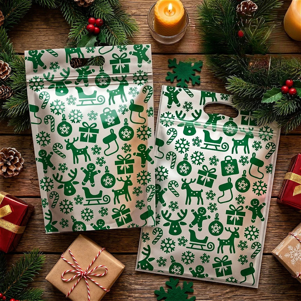 50Pcs Resealable Christmas Zip Lock Bags 50PCS Clear Christmas Plastic Sealing Bags with Handles for Xmas Holiday Party Candy