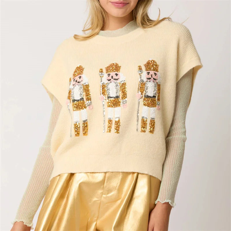 Ugly Christmas Vests for Women Sequin Nutcracker Santa Sweaters Shirt Holiday Sparkly Graphic Crewneck Pullover Top Black