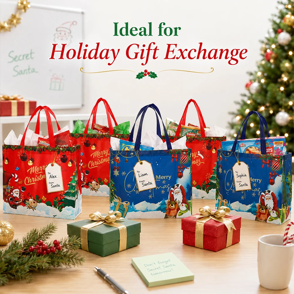 6Pcs Christmas Gift Bags Large Size Reusable Non-Woven Christmas Tote Bags with Handles Perfect for Xmas Gift Wrap Party Favor