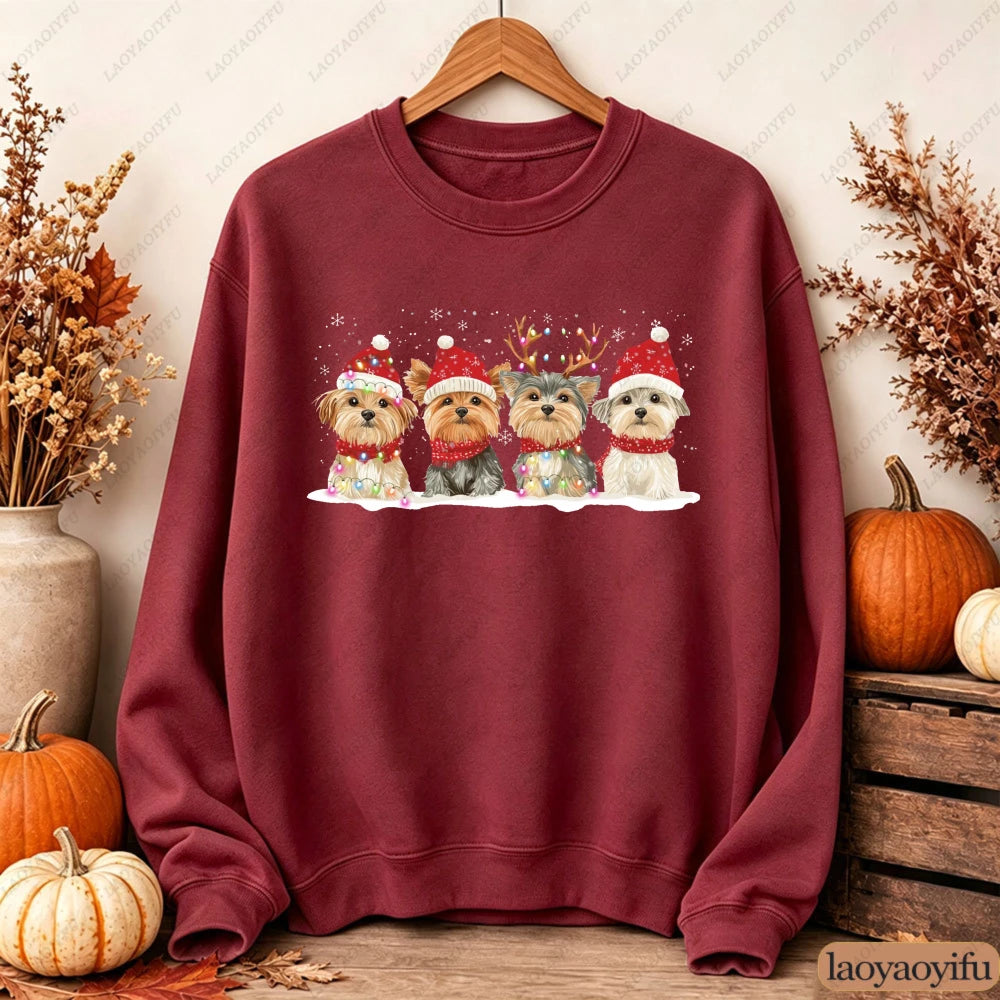 Cute Christmas Dogs Women Sweatshirt Santa Hat Graphic Pullover Autumn Winter Loose Crewneck Jumper Casual Trend Outfits