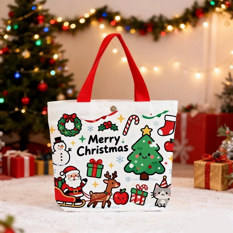 Reusable Christmas Gift Bags Candy Bags Tote Bags with Santa Deer Christmas Tree Design Canvas Handles Grocery Shopping Bags