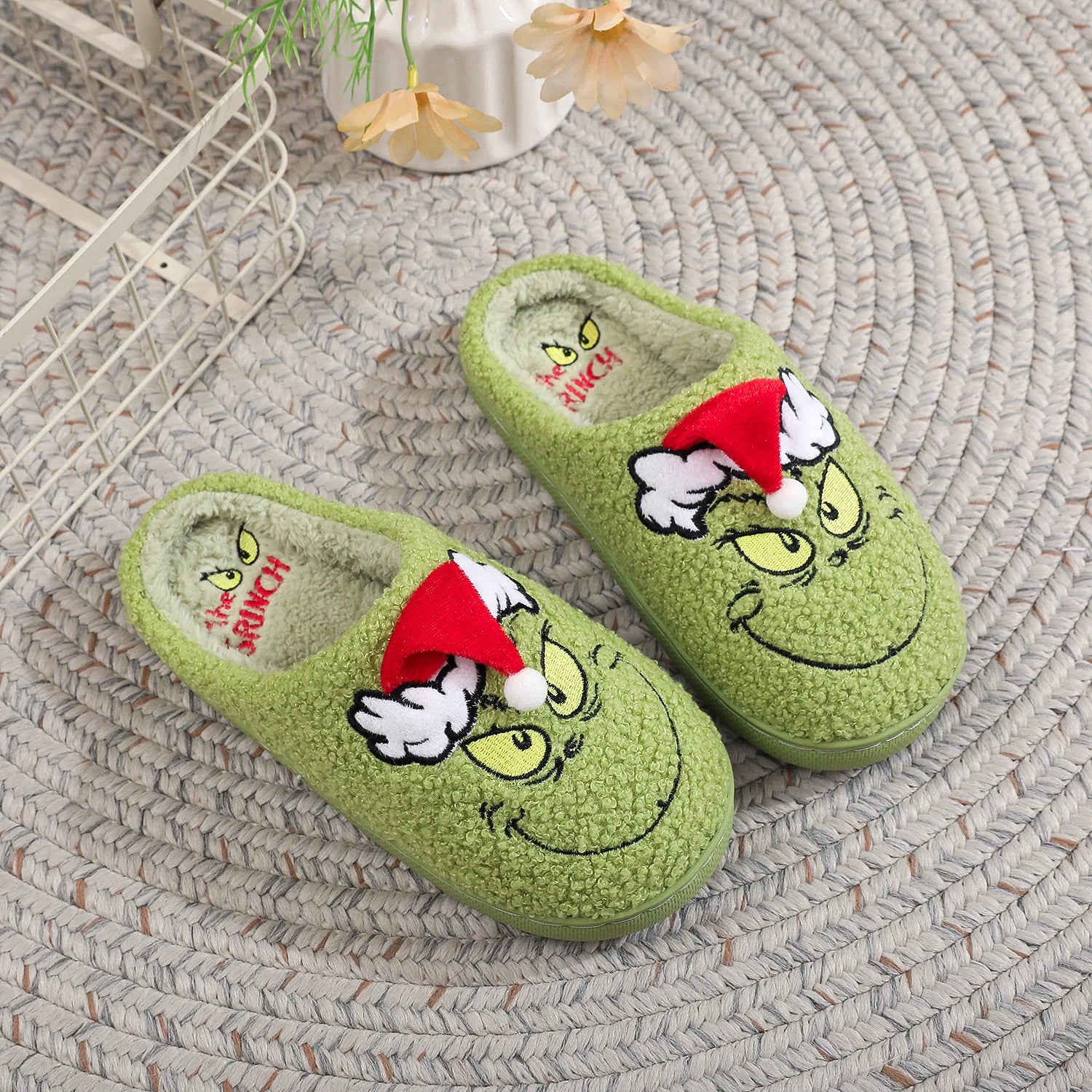 2026 Autumn Winter Fashion New Plus Size Men's Home Slippers Indoor Lazy Green Fur Monster Plush Flat Bottom Comfortable