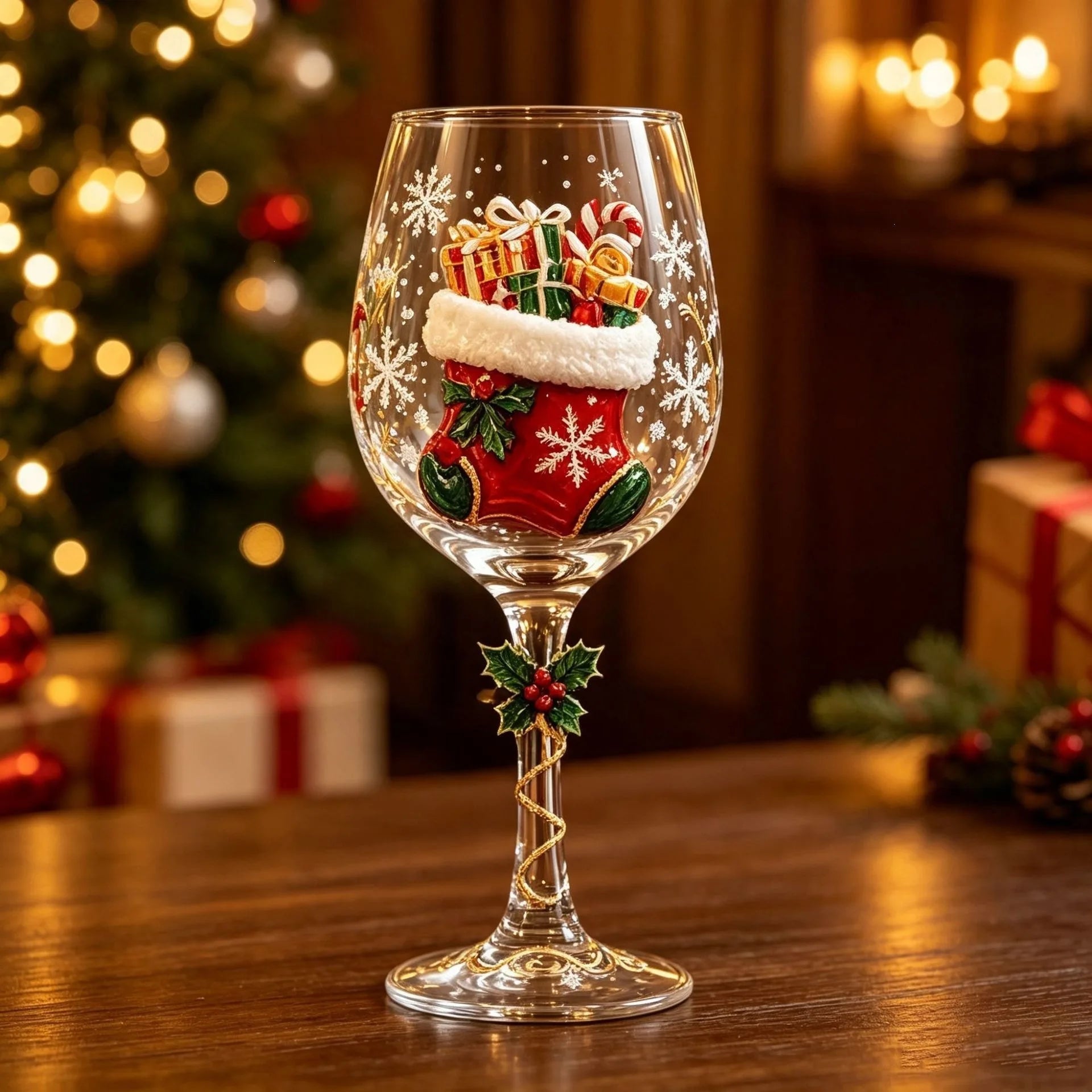 Novelty Christmas Wine Glasses Single & 6Pcs Gift Box Set,Christmas Stocking Tree Wreath Goblet for Christmas Party Decoration