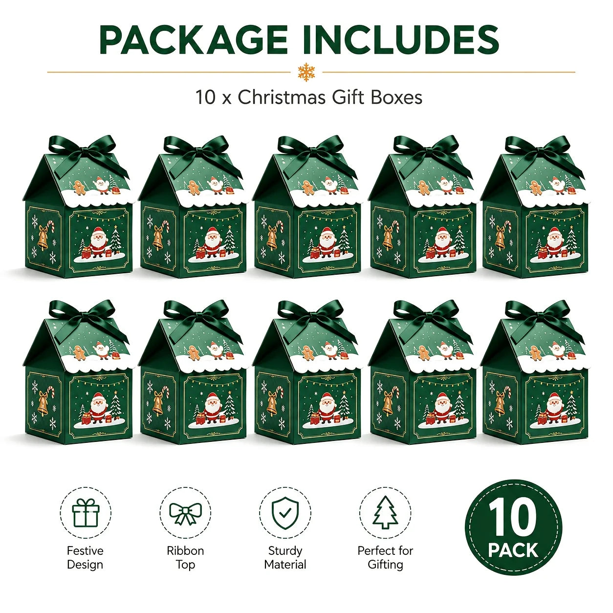 10Pcs Christmas House with Removable Roof Pre-tied Ribbons Thick Cardboard Candy Cookie Box Holiday Party Favors Gift Packaging