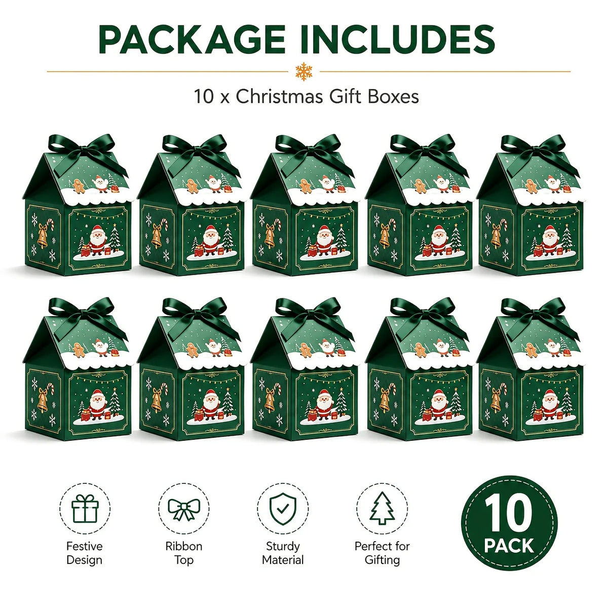 10Pcs Christmas House with Removable Roof Pre-tied Ribbons Thick Cardboard Candy Cookie Box Holiday Party Favors Gift Packaging