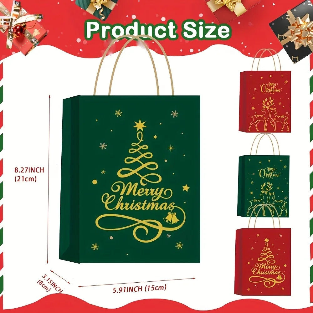 3/12 Pcs Christmas Gift Bag Set, Gold Tree Print Red Green Metallic Edge, Handled Holiday Gift Pouches