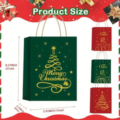 3/12 Pcs Christmas Gift Bag Set, Gold Tree Print Red Green Metallic Edge, Handled Holiday Gift Pouches
