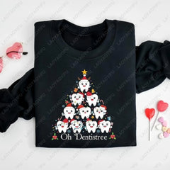 Funny Christmas Teeth Tree Sweatshirt Christmas Dentist Clothes Gift Hoodies Women Men Autumn Winter Crewneck Graphic Pullover