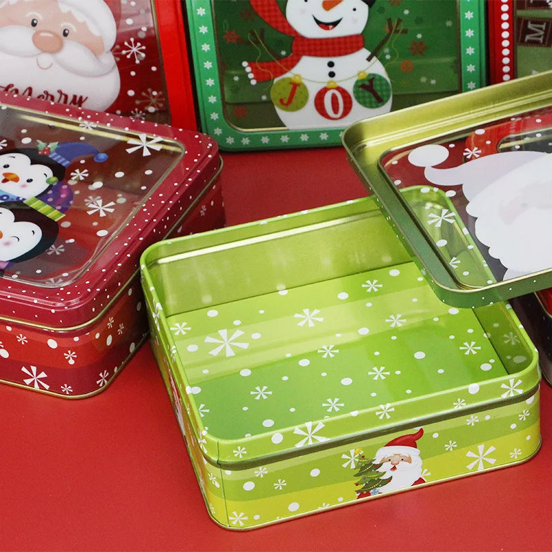 Square Christmas Tin Box Santa Claus Snowman Pattern Tin Box With Lid Cookie Box Mousse Cake Packaging Tin Box Home Storage Box