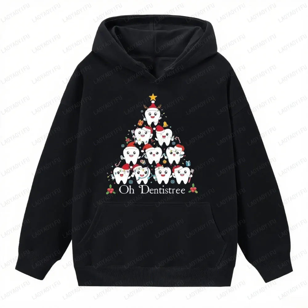 Funny Christmas Teeth Tree Sweatshirt Christmas Dentist Clothes Gift Hoodies Women Men Autumn Winter Crewneck Graphic Pullover