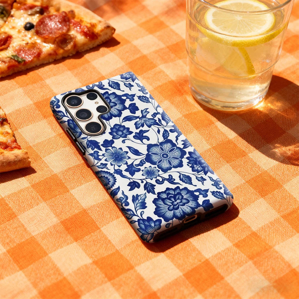 Blue Porcelain Elegance Phone Case for Samsung Galaxy S25 Ultra S24 S23 Ultra Plus Glossy Double-layer Back Cover