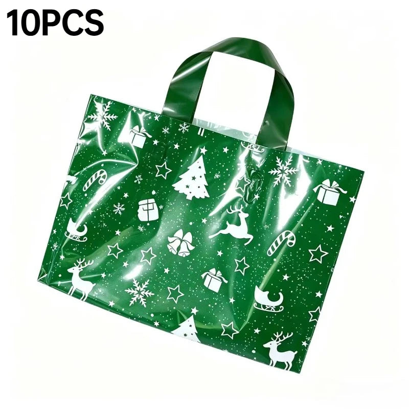 10 Pcs Christmas Gift Bags Mixed Plastic Tote Bags Reusable Candy Packaging Bags For Xmas Party Holiday Decor Friend Gifts