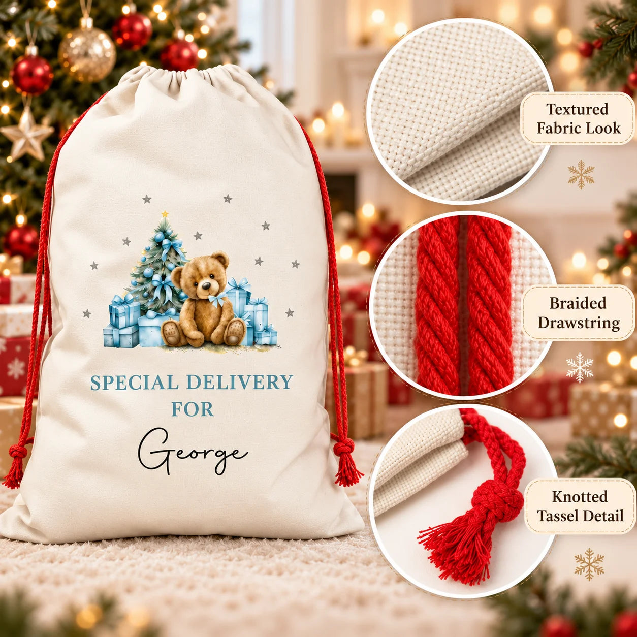 Personalised Santa Sack with Custom Name, Large Christmas Gift Bag for Kids, Xmas Present Storage Sack for Christmas Eve