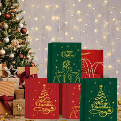 3/12 Pcs Christmas Gift Bag Set, Gold Tree Print Red Green Metallic Edge, Handled Holiday Gift Pouches
