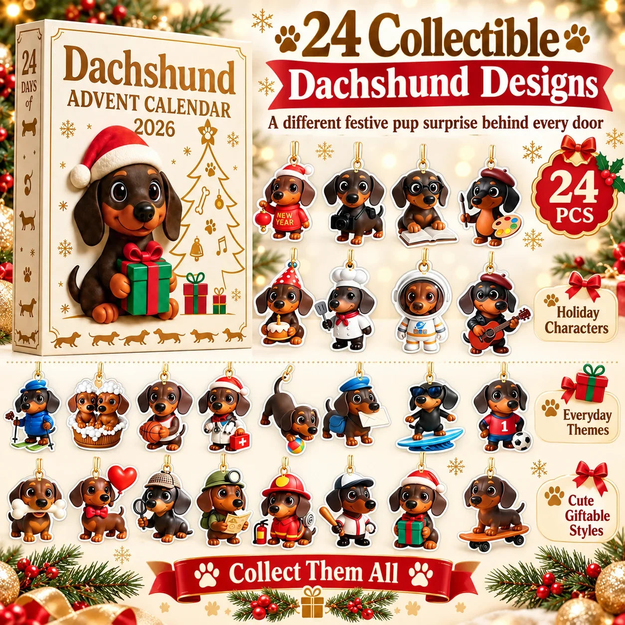 Christmas Dachshund Advent Calendar 24 Days Countdown Dog Ornaments Xmas Tree Decor Collectible Dog Lover Holiday Gift Set