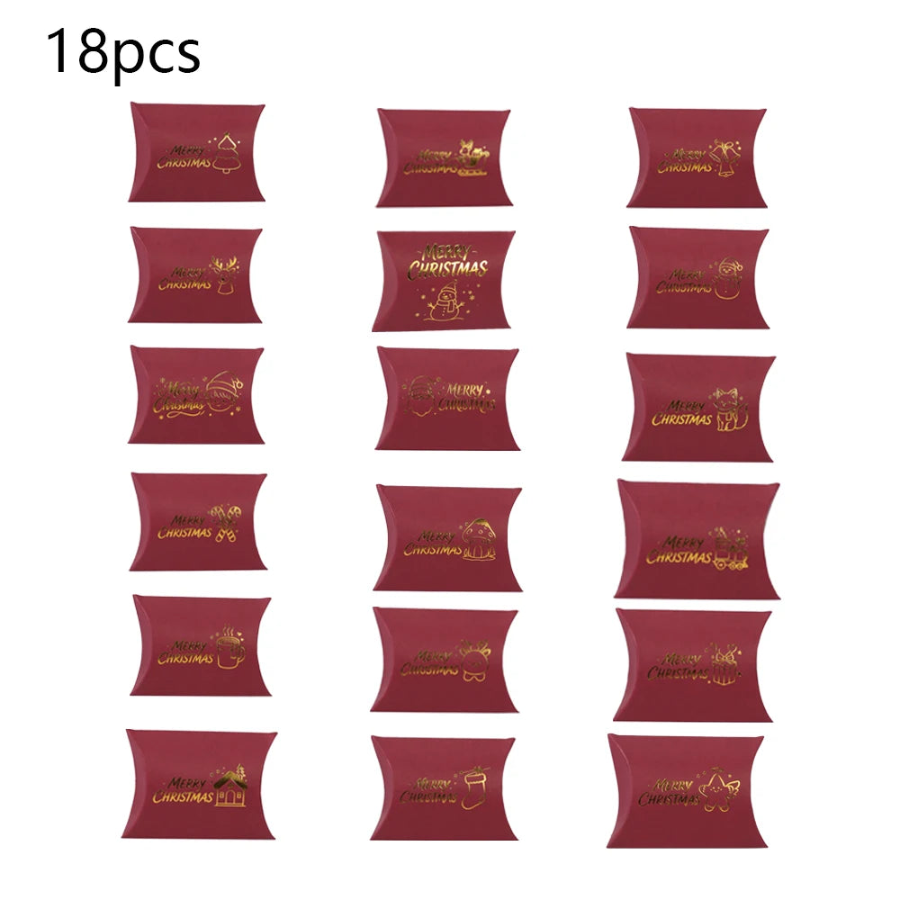 18pcs Christmas Red Pillow Gift Box Gold Foil Snowman Paper Candy Cookie Box Merry Xmas Party Favor Wrapping Supplies