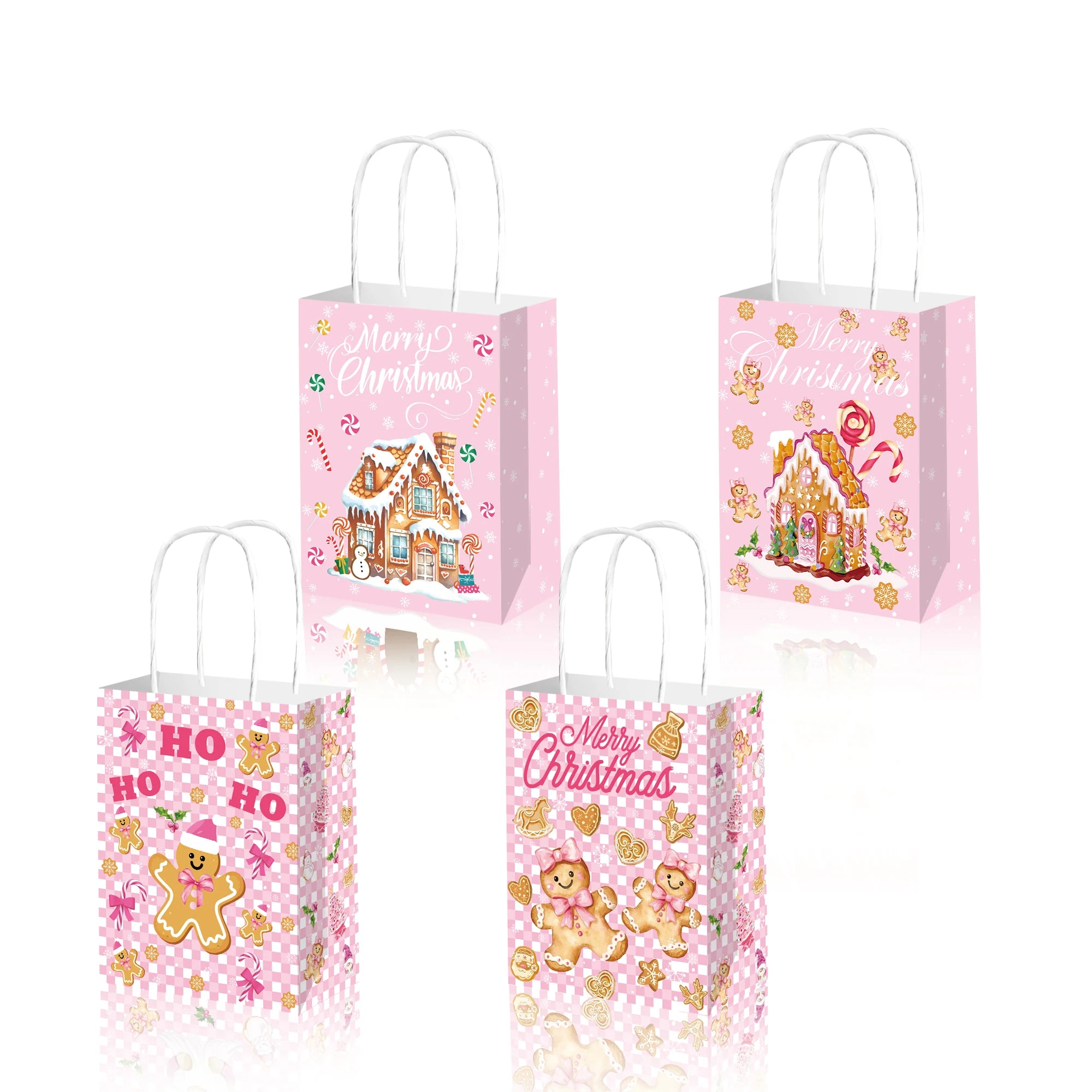 5-50pcs Christmas Paper Gift Bags with Handles Gingerbread House Merry Christmas Party Favor Treat Bags Goodie Candy Bags