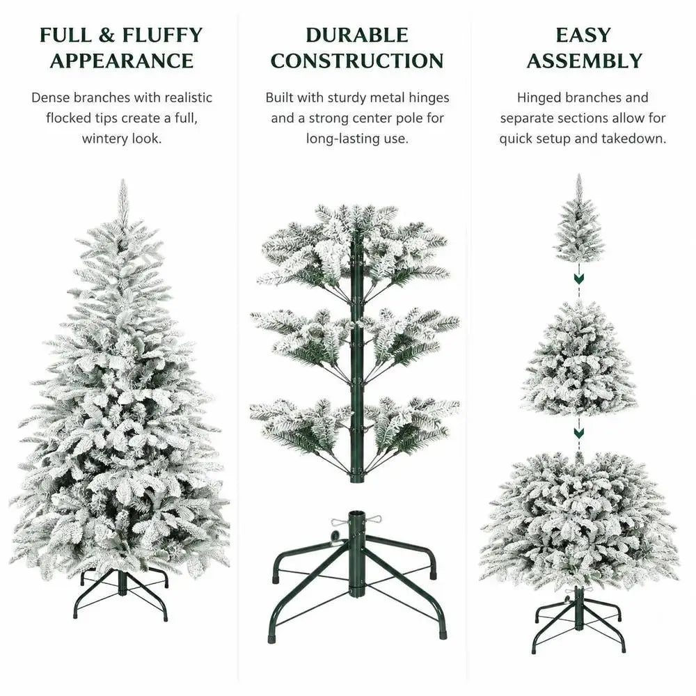5 Ft Artificial Flocked Christmas Tree, 717 Branch Tips, Hinged Branches, Foldable Metal Stand, Easy Assembly for Home Office Holiday Decor
