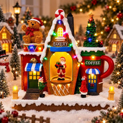 Christmas Village House Animated Rotating Santa Christmas Tree LED Light Music Bakery Coffee Shop Figurine Table Holiday Decor
