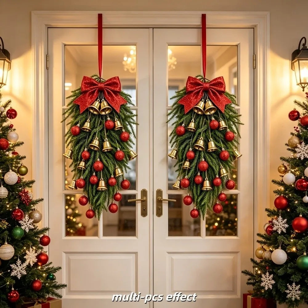 Festive With Bow and Baubles Christmas Teardrop Wreath Gold Bell DIY Artificial Pine Wreath Xmas Door Ornament Christmas