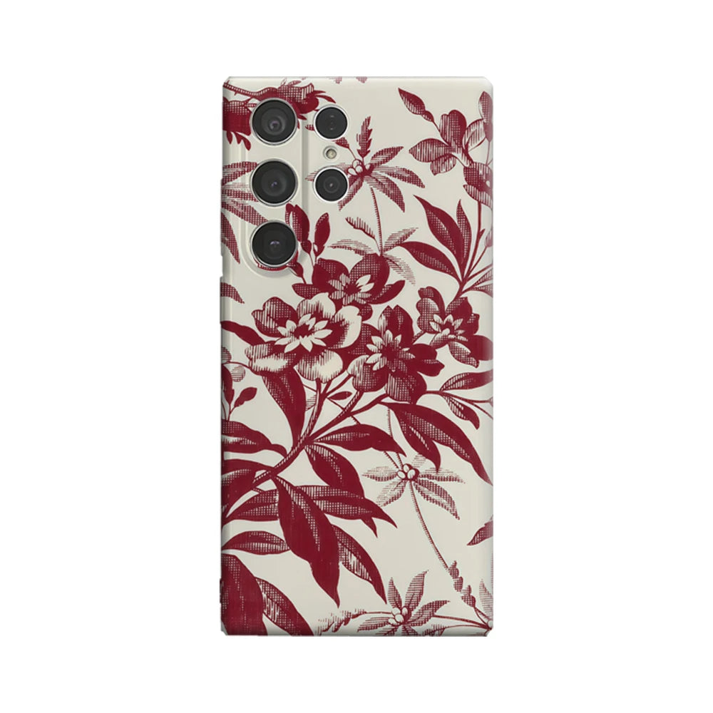Burgundy Floral Print Phone Case for Samsung Galaxy S25 Ultra S24 S23 Ultra Plus Glossy Double-layer Back Cover