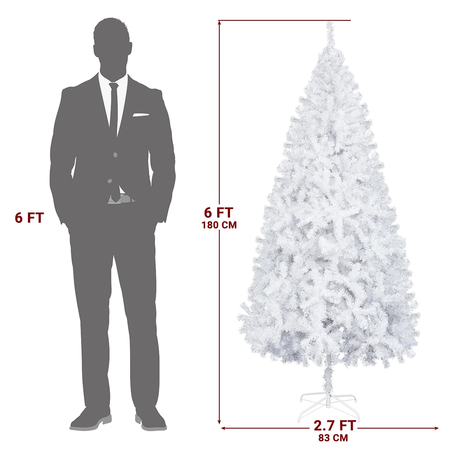 6FT Snowflake Christmas Tree – 650 Frosted PVC Tips, Metal Stand, Easy Assembly, Plush Branches, Spray White Effect, for Indoor/Outdoor Home, Office, Hotel, Villa, Party, Holiday Gift