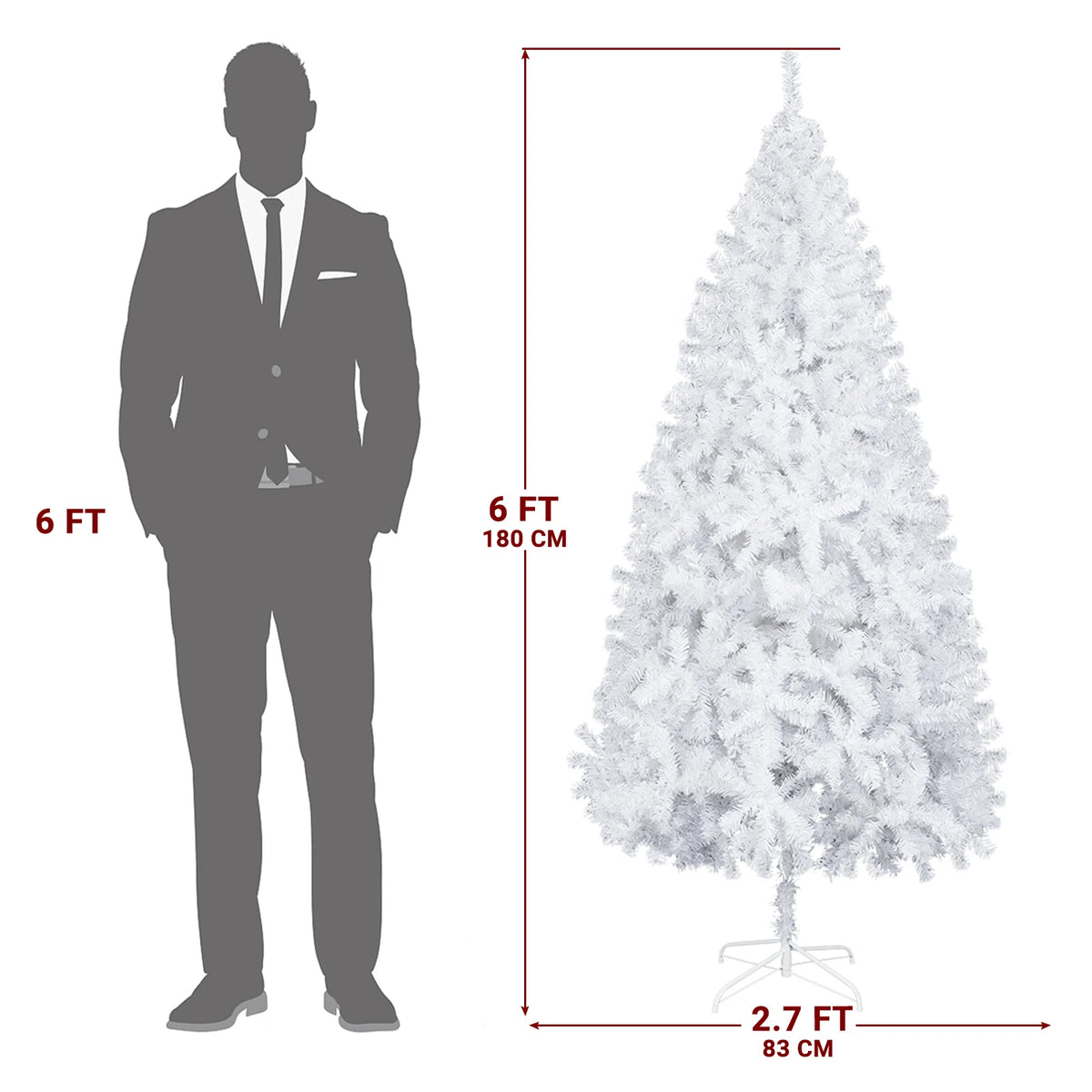 6FT Snowflake Christmas Tree – 650 Frosted PVC Tips, Metal Stand, Easy Assembly, Plush Branches, Spray White Effect, for Indoor/Outdoor Home, Office, Hotel, Villa, Party, Holiday Gift