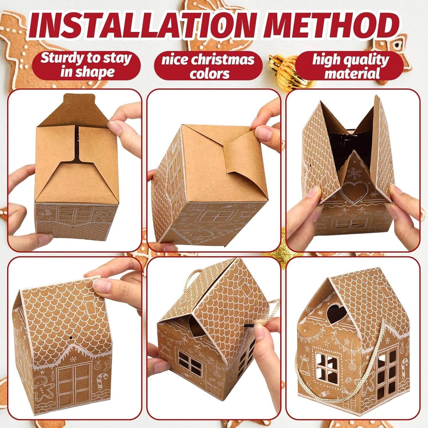 12/24pcs Christmas Gift Boxes with Handles Gingerbread House Kraft Candy Treat Boxes for Xmas Party Favor Gifts Christmas Decor