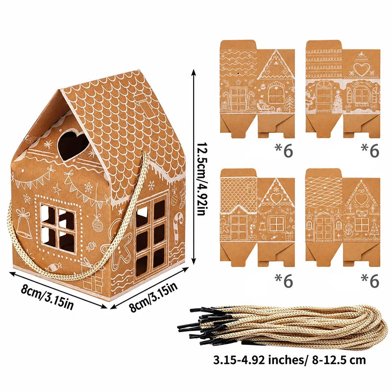 12/24pcs Christmas Gift Boxes with Handles Gingerbread House Kraft Candy Treat Boxes for Xmas Party Favor Gifts Christmas Decor