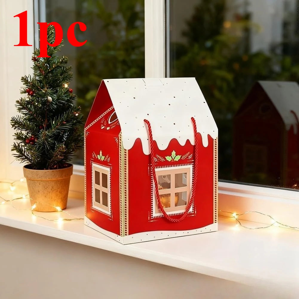 1-6 Pcs Christmas House Shaped Box Retro Red Cottage Gift Box with Handle for Party Candy Favors Clear Window Paper Treat Bags