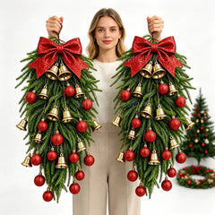 Festive With Bow and Baubles Christmas Teardrop Wreath Gold Bell DIY Artificial Pine Wreath Xmas Door Ornament Christmas