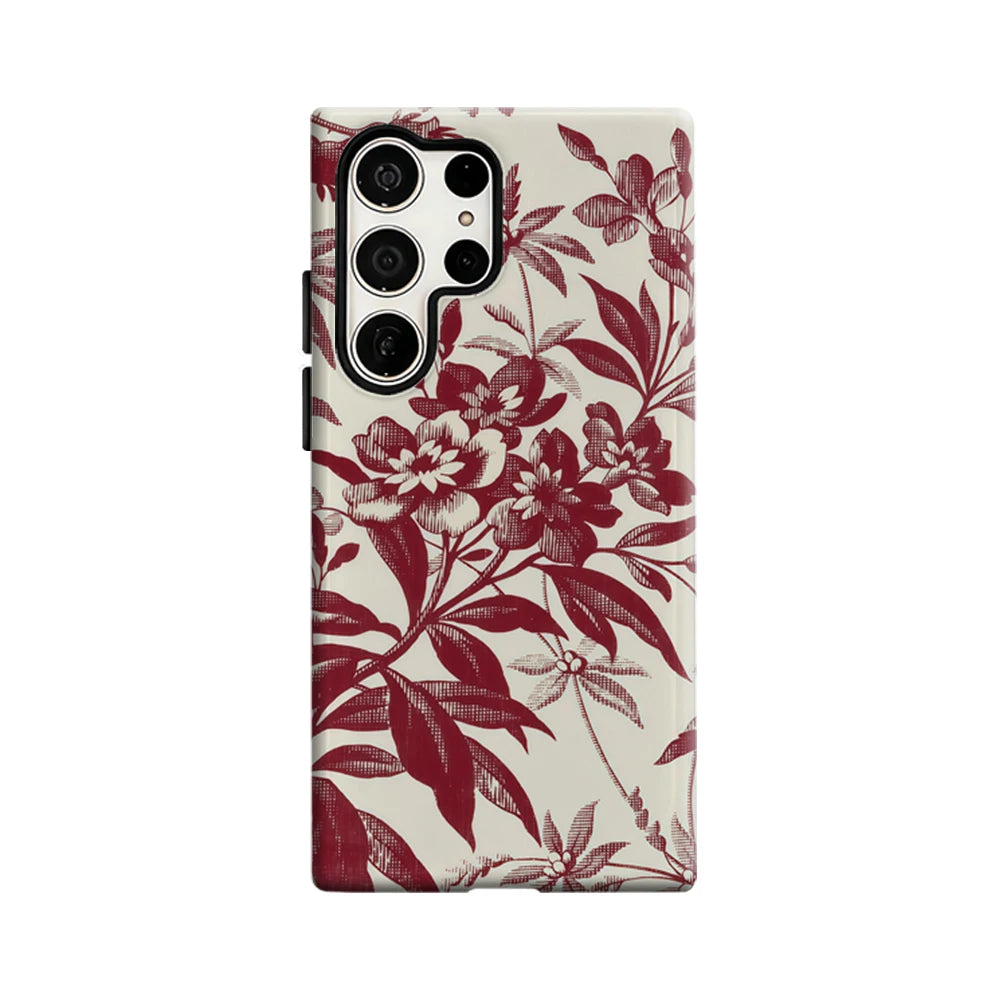 Burgundy Floral Print Phone Case for Samsung Galaxy S25 Ultra S24 S23 Ultra Plus Glossy Double-layer Back Cover