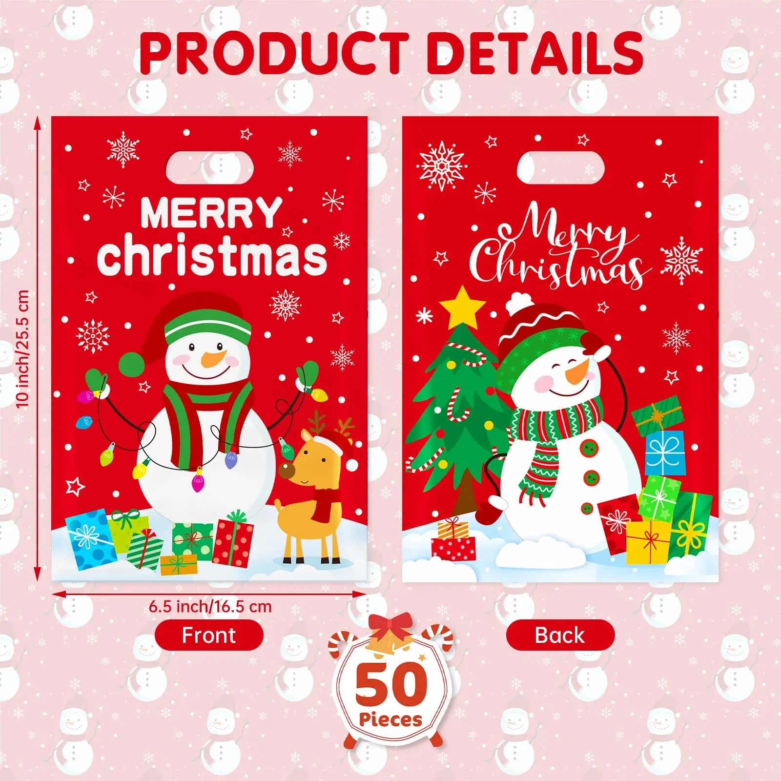 50PCS Merry Christmas Goodie Bags - Cute Snowman Plastic Treat Bags, Candy, Cookie, Snack Favor Tote Bags, Winter Xmas Holiday