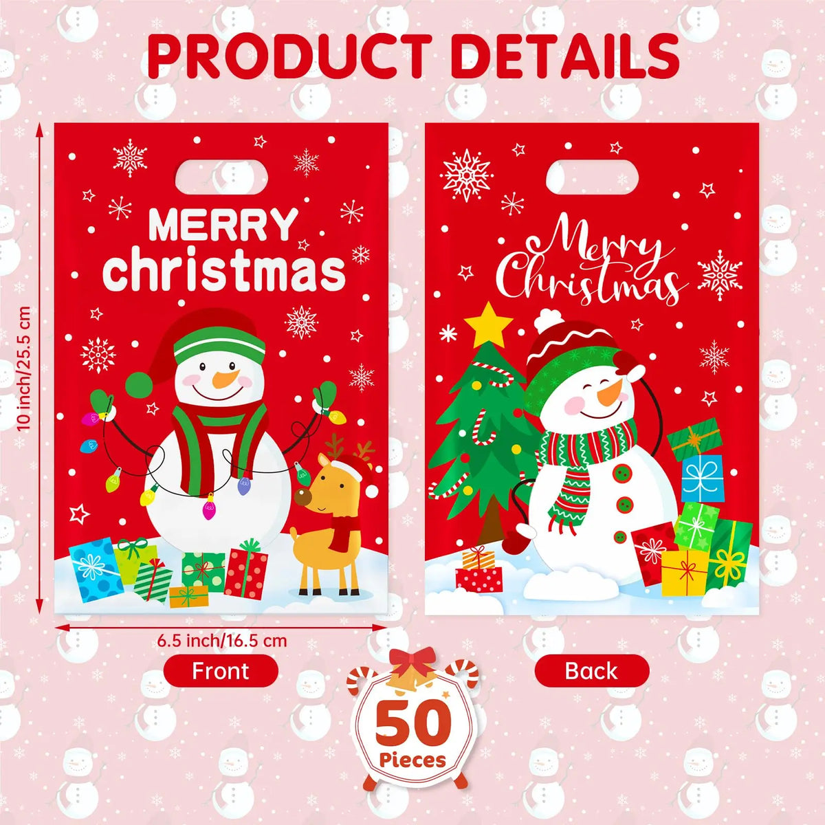 50PCS Merry Christmas Goodie Bags - Cute Snowman Plastic Treat Bags, Candy, Cookie, Snack Favor Tote Bags, Winter Xmas Holiday