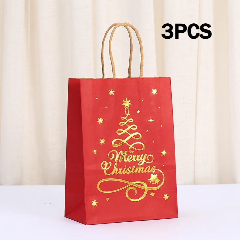 3/12 Pcs Christmas Gift Bag Set, Gold Tree Print Red Green Metallic Edge, Handled Holiday Gift Pouches