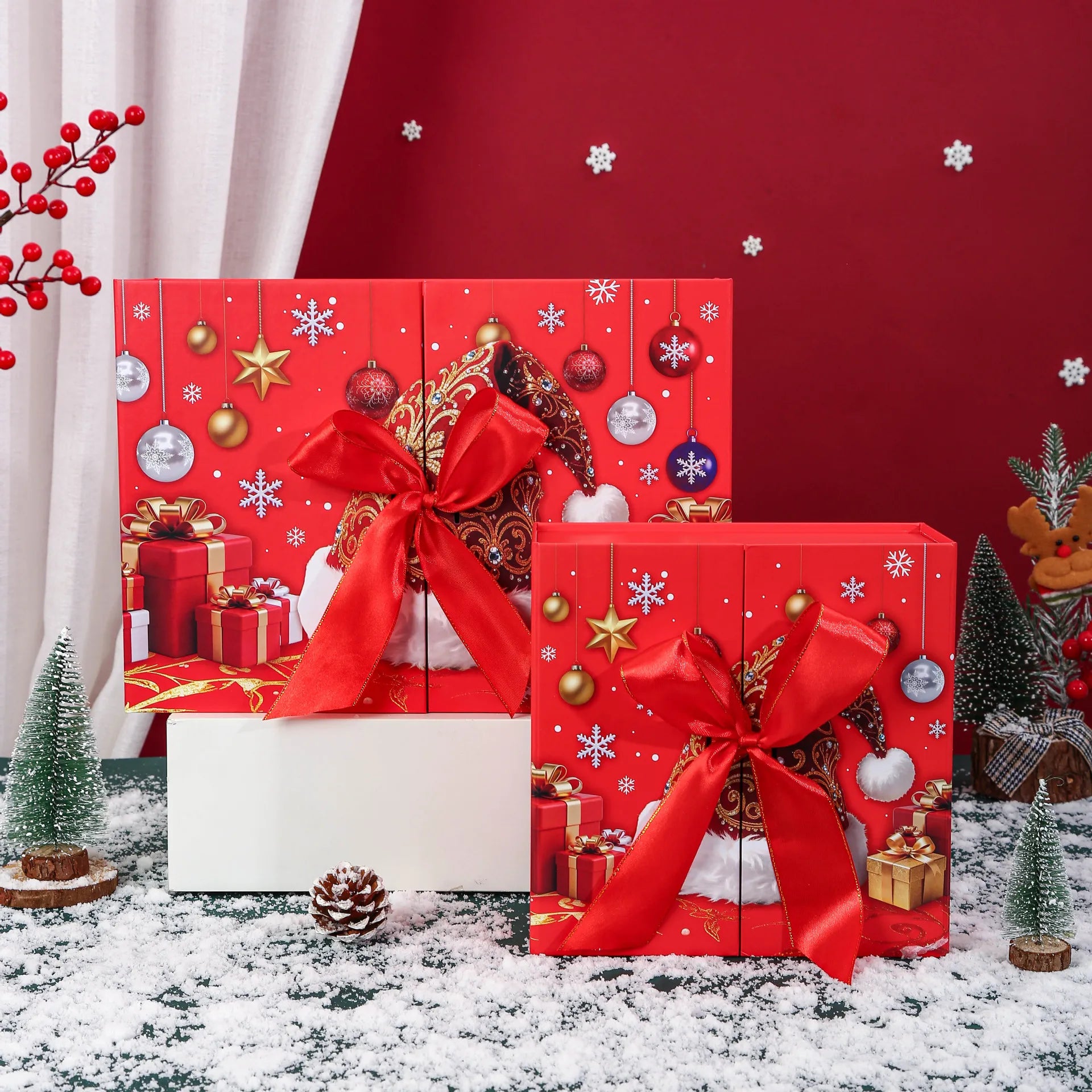 22×22×10cm Double Open Foldable Christmas Gift Box,4 Styles Empty Box for Xmas Candy Present Packaging Holiday Gift Decor