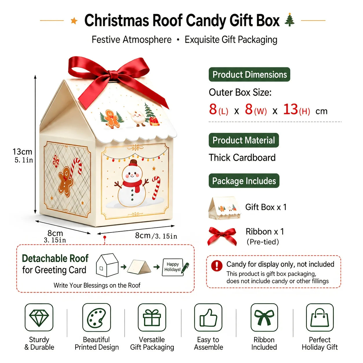 10Pcs Christmas House with Removable Roof Pre-tied Ribbons Thick Cardboard Candy Cookie Box Holiday Party Favors Gift Packaging