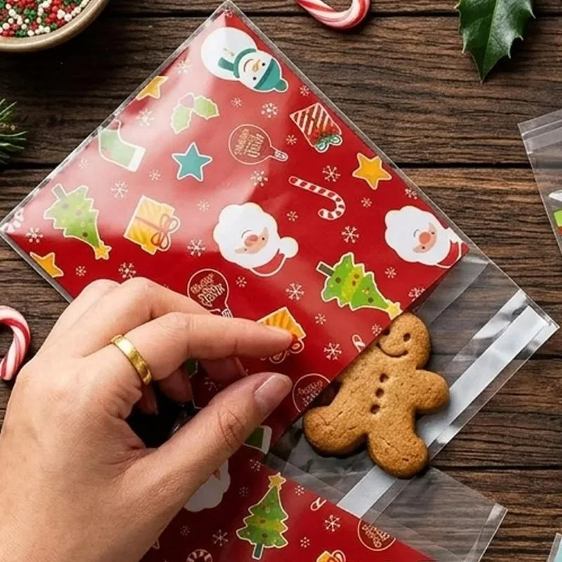 300/100PCS Christmas Cookies Bags Clear Opp Gift Packaging Bag Candy Snack Gift Bags Santa Flower Wreath Printed Pattern Decor