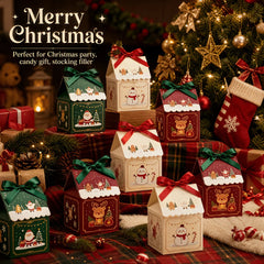10Pcs Christmas House with Removable Roof Pre-tied Ribbons Thick Cardboard Candy Cookie Box Holiday Party Favors Gift Packaging