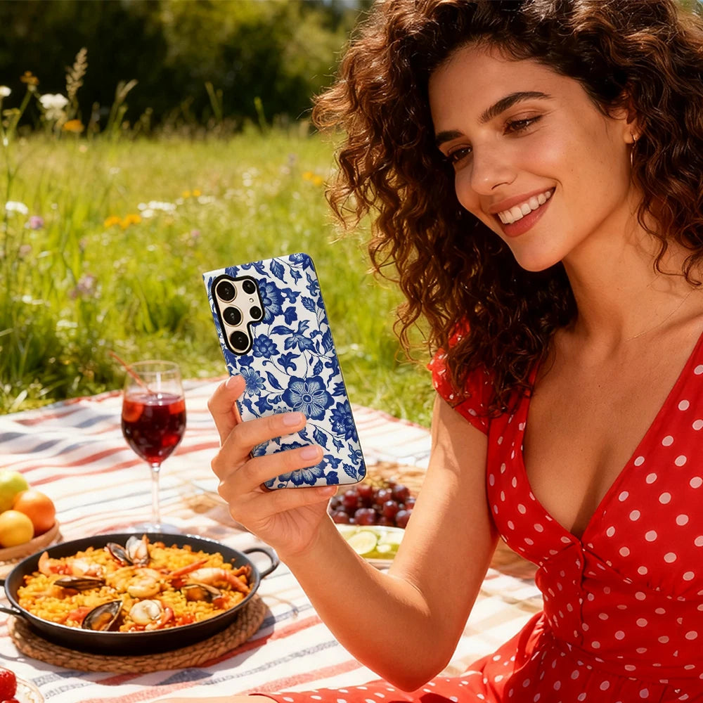 Blue Porcelain Elegance Phone Case for Samsung Galaxy S25 Ultra S24 S23 Ultra Plus Glossy Double-layer Back Cover