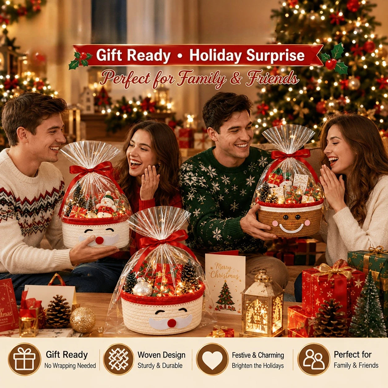 Christmas Woven Basket with Gift Bag, Ribbon Santa Emoticon Woven Storage Bin Empty Basket Holiday Decorative for Xmas Gifts